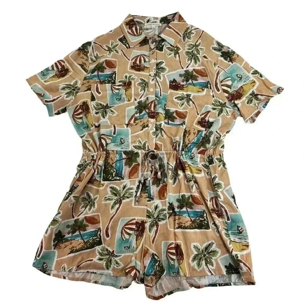 Label Of Love Womens sz M Romper Peach Tropical Print Jumpsuit Playset Vacation